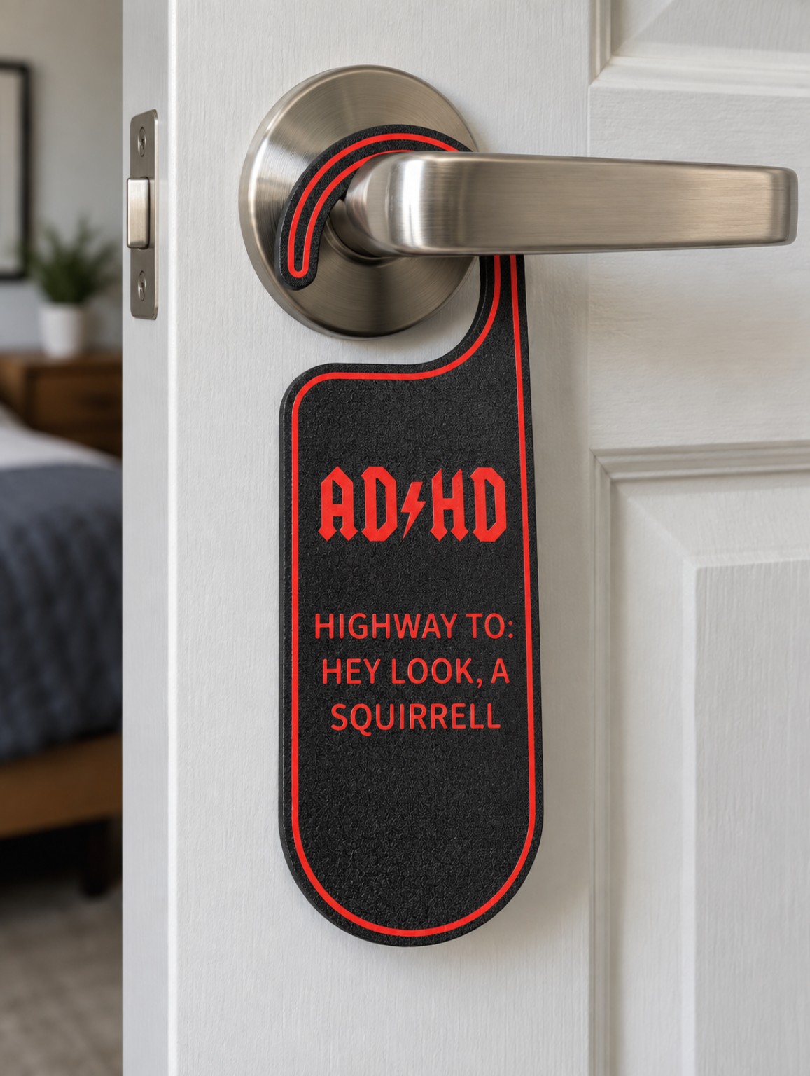 Black and red 3D printed ADHD themed door hanger