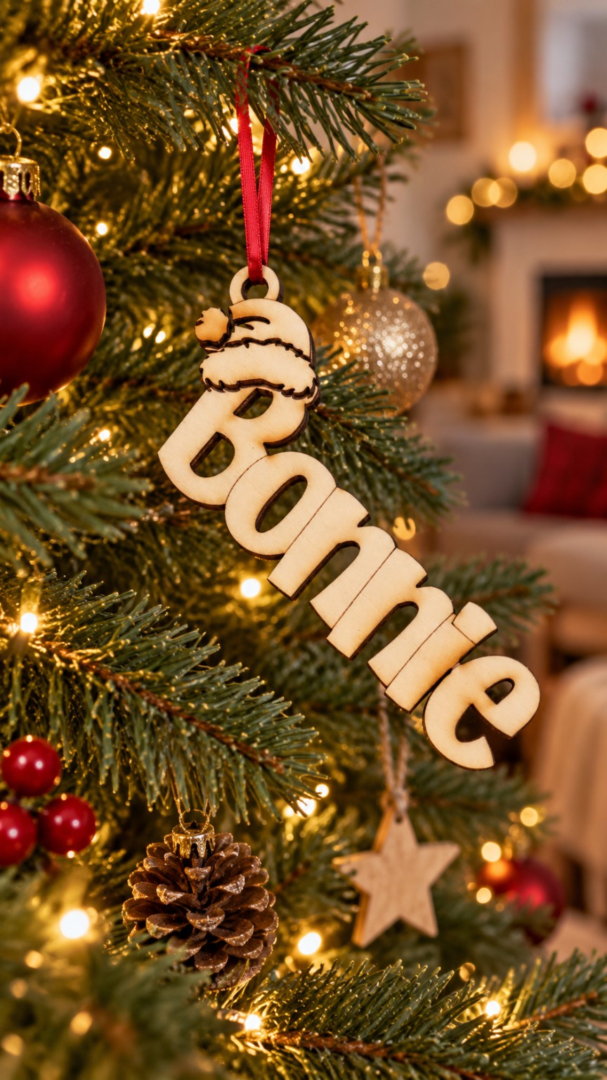 Personalised wooden name ornament hanging on a Christmas tree